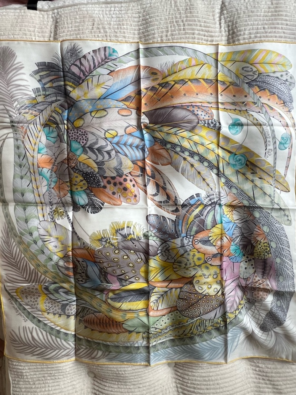 Hermes Plumes en Fete 90cm Silk Feather Print Scarf in Pastel Yellow, Blue, Pink